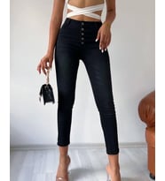 Kadın Yüksek Bel Çok Düğmeli Full Likralı Kot Pantolon Jean (Siyah)