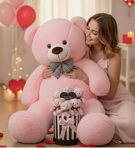 Sevgililer Günü Hediyesi 90 Cm Peluş Ayı + Aynalı Mesajlı Silindir Ayıcık Buketi  Romantik Sevgiliye Kıza Özel Set (Açık Pembe)