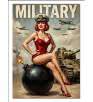 Pin Up Kız Bomba Üzerinde Askeri Dekoratif Kanvas - Mdf Ahşap Tablo