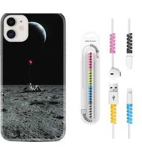 Apple iPhone 11 12 13 Mini Kılıf Kablo Koruma Spiral Silikon Astronoot Red Baloon 1608