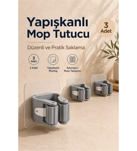 Yapışkanlı Mop Süpürge Tutucu Duvar Tipi Paspas Askı Aparatı 3 Adet