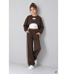 Bordo Kız Çocuk Crop Badili Zincir Detaylı Geniş Paça 3lü Takım 25002