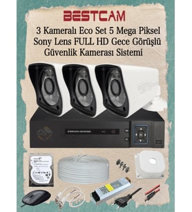BESTCAM 3 Kameralı Eco Set 5 Mega Piksel Sony Lensli Full HD Gece Görüşlü Güvenlik Kamerası Sistemi 250 GB HDD