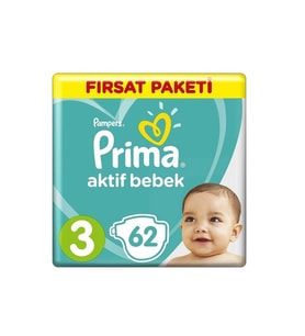 Prima Bebek Bezi Aktif Bebek 3 Beden 62 Adet Fırsat Paketi