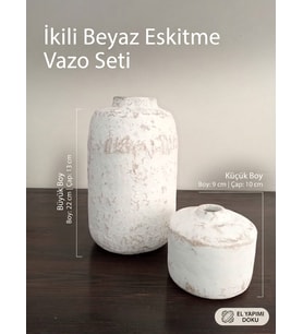 İkili Beyaz Eskitme Vazo Seti - El Yapımı Kırılmaz Dekoratif Masa Üstü Obje