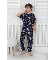 Galaxy ve Astronot Baskılı %100 Pamuk Kısa Kol Uzun Alt Erkek Pijama Takımı (3,4,5,6,7,8 Yaş) (Lacivert)