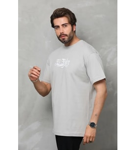 pilelistore- Unisex Bisiklet Yaka Baskılı Oversize T-Shirt - Gri