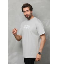 pilelistore- Unisex Bisiklet Yaka Baskılı Oversize T-Shirt - Gri