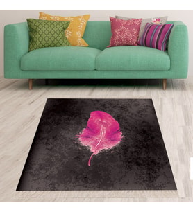 Fuşya Kuş Tüyü Desenli Çerçeveli Yıkanabilir Kaymaz Taban Leke Tutmaz Modern Salon Halısı ve Yolluk (Siyah-Pembe)