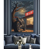 Gece Yarısı Motosiklet Ve Işıklar Dekoratif Kanvas - Mdf Ahşap Tablo