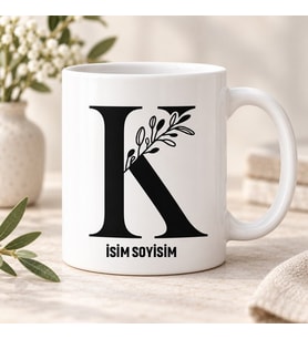 Kişiye Özel Baş Harf ve İsim Yazılı Botanik Dal Motifli K Harfli Seramik Kupa Bardak