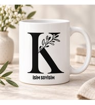 Kişiye Özel Baş Harf ve İsim Yazılı Botanik Dal Motifli K Harfli Seramik Kupa Bardak