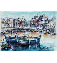 %100 El Yapımı Suluboya ve Mürekkep İskele Manzara Resim 40x30 cm