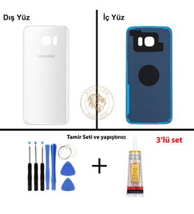 Samsung Galaxy S7 Edge Beyaz Renk Arka Kapak + Tamir Seti + B7000 Yapıştırıcı Arka Cam Batarya Kapağı Pil Kapağı Lazer Kesim Back Cover Galaxy S7 Edge Uyumlu