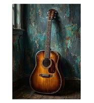 Eskitilmiş Duvarda Asılı Gitar Dekoratif Kanvas - Mdf Ahşap Tablo