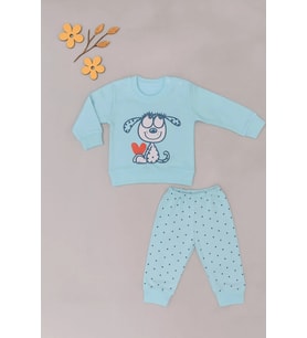 Bebek 2’li Takım – Sevimli Köpek Baskılı Sweatshirt ve Noktalı Pantolon (Mavi)
