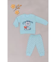 Bebek 2’li Takım – Sevimli Köpek Baskılı Sweatshirt ve Noktalı Pantolon (Mavi)