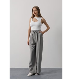 Pileli Bağcıklı Oversize Pantolon - Gri