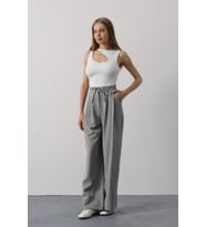 Pileli Bağcıklı Oversize Pantolon - Gri