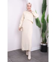 Krem Crop Kazak Triko Elbise İkili Kombin