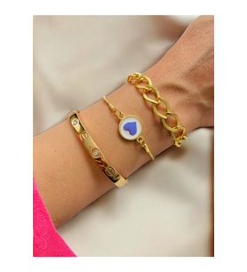 Altın Kaplama 3 lü Kombin Bileklik Seti Gold Renk Kadın Zincir Bilezik Künye Asansör Pandora
