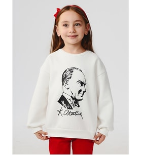 LCW Kids Beyaz Bisiklet Yaka Uzun Kollu Atatürk Baskılı Kız Bebek Sweatshirt