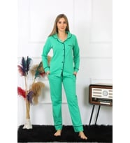Kadın Pamuk Penye Önden Düğmeli Uzun Kol Yeşil Pijama Takım