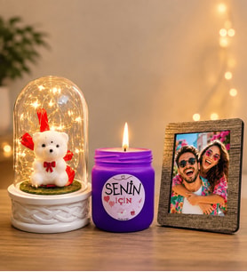 Kişiye Özel Fotoğraflı LED Işıklı Fanus (beyaz ayıcıklı) ve Kokulu Cam Mum Hediye Seti