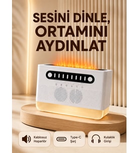 8 Çeşit Beyaz Gürültülü Kablosuz Hoparlör ve Renkli Alev Efektli Gece Lambası
