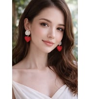 Ivory Rose Beyaz Güll ve Kırmızı Kalp Sallantılı Küpe - Şık ve Zarif, Sevgililer Günü, Hediye (Kırmızı-Beyaz)