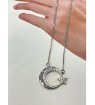 kadın zirkon taşlı ay yıldız kolye (Gümüş)