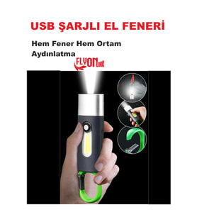 USB ŞARJLI EL FENERİ HEM FENER HEM ORTAM AYDINLATMA KANCALI FLAŞÖR KAMP , CEP , KAMP ÇANTASI ,LAMBA