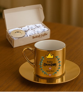 BK Gift Kişiye Özel Anneler Günü Tasarımlı Porselen Metalik Altın Kahve Fincanı 6 'lı Set-1, Anneye Hediye, Anneler Günü Hediyesi