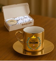 BK Gift Kişiye Özel Anneler Günü Tasarımlı Porselen Metalik Altın Kahve Fincanı 6 'lı Set-1, Anneye Hediye, Anneler Günü Hediyesi