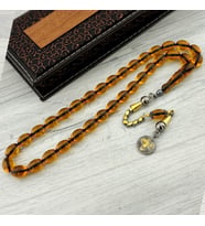 GÜMÜŞ TUĞRA PÜSKÜLLÜ ARPA KESİM ATEŞ KEHRİBAR TESBİH (Sarı)