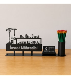 İnşaat Mühendisi Masa İsimliği - Kişiye Özel, Mesleklere Özel İsimlik - Metal Ofis İsimliği, Kalemlik ve Kartlık Seti- Yeni İş, Terfi Hediyesi