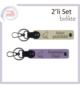 Pati Seven Sevgiliye Mini Hediye, Kedili, Kişisel Deri Anahtarlık, Sütlü Kahve-Mor Menekşe