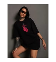 Unisex Bisiklet Yaka Baskılı Oversize T-Shirt - Siyah