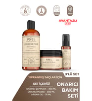 PXEL Onarıcı Şampuan - Maske - Argan Serum 3’lü Set  Yıpranmış ve Kuru Saçlar İçin Yoğun Bakım  400 ML, 300 ML, 75 ML