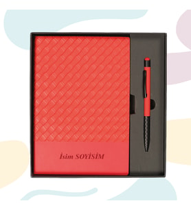 Akpınar Promosyon Premium Deri Görünümlü Defter & Kalem Hediye Seti (Kırmızı-Kırmızı)