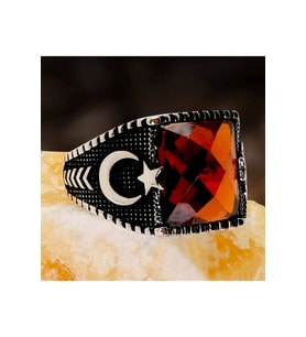 Kırmızı Zirkon Taşlı Ayyıldızlı Gümüş Erkek Yüzük