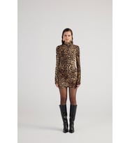 Leopar Desenli Balıkçı Yaka Mini Britney Elbise Kahve