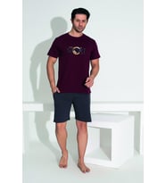 Erkek Yazlık Sport Baskılı Kısa Kollu Şortlu Penye Pijama Takımı (Bordo)
