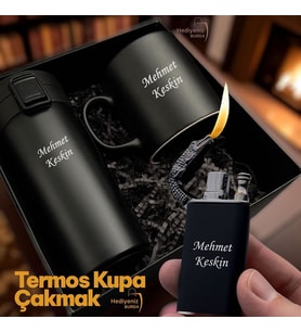 İsme Özel Erkek & Kadın Lüks Hediye Seti - Çelik Termos Bardak Çakmak Kupa - Premium Hediye Paketli