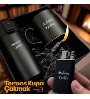 İsme Özel Erkek & Kadın Lüks Hediye Seti - Çelik Termos Bardak Çakmak Kupa - Premium Hediye Paketli