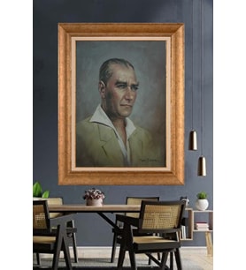 Altın Varaklı Çerçeveli Paspartulu Atatürk Tablo nh52 (Gold)