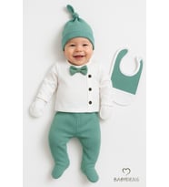 BABYDEN'S Erkek Bebek Hastane Çıkışı 5'li Takım %100Pamuk Ribana Kumaş Papyonlu Zıbın, Şapka,Eldiven,Önlük,Alt (Haki)