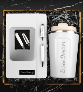 Kişiye Özel Çelik Bardak Termos & Özel Tasarım Beyaz Defter & 32 GB Kişiye Özel Kutulu Usb Kalem Hediye Seti