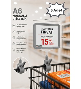 5 Adet - A6 Fiyatlık Mandallı Etiketlik Sepet Raf Askılık Fiyat Etiketi Çerçeveli Market Mağaza Gri
