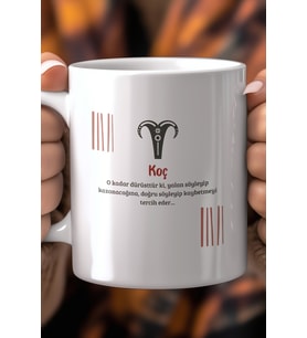 Koç Burcu Temalı 330ml Baskılı Beyaz Seramik Kupa Bardak